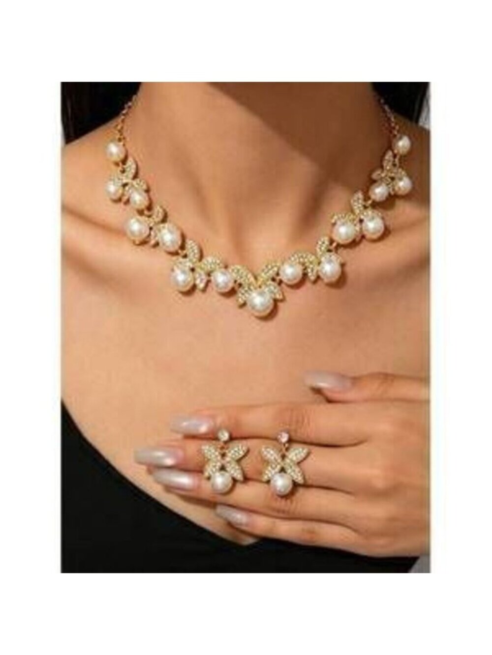Gold Tone Butterfly Crystal Pearl Statement Necklace Drop Dainty Gift - Picture 3 of 5